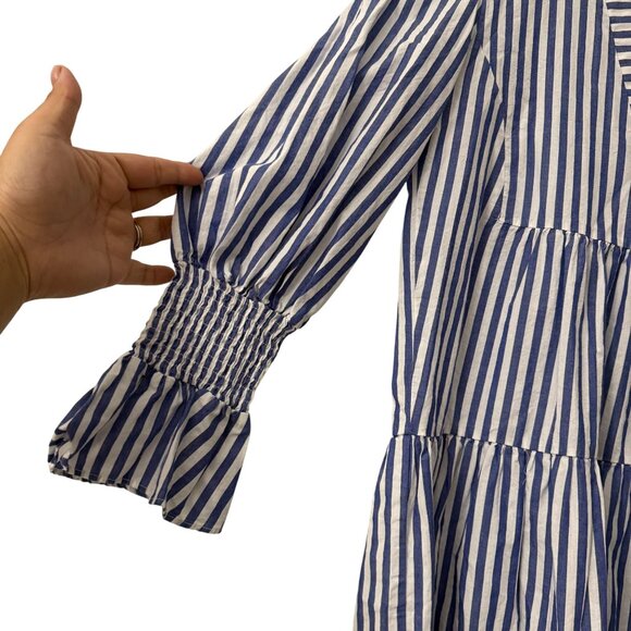 Tuckernuck Pomander Place Kenzo Blue Striped Vneck Smocked Cuff Dress Small - Picture 3 of 5
